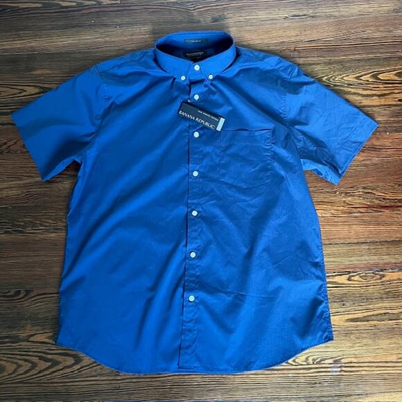 NWT Banana Republic Tech Stretch Slim Cotton SS Dress Shirt Mens XL Navy Blue - Picture 2 of 7
